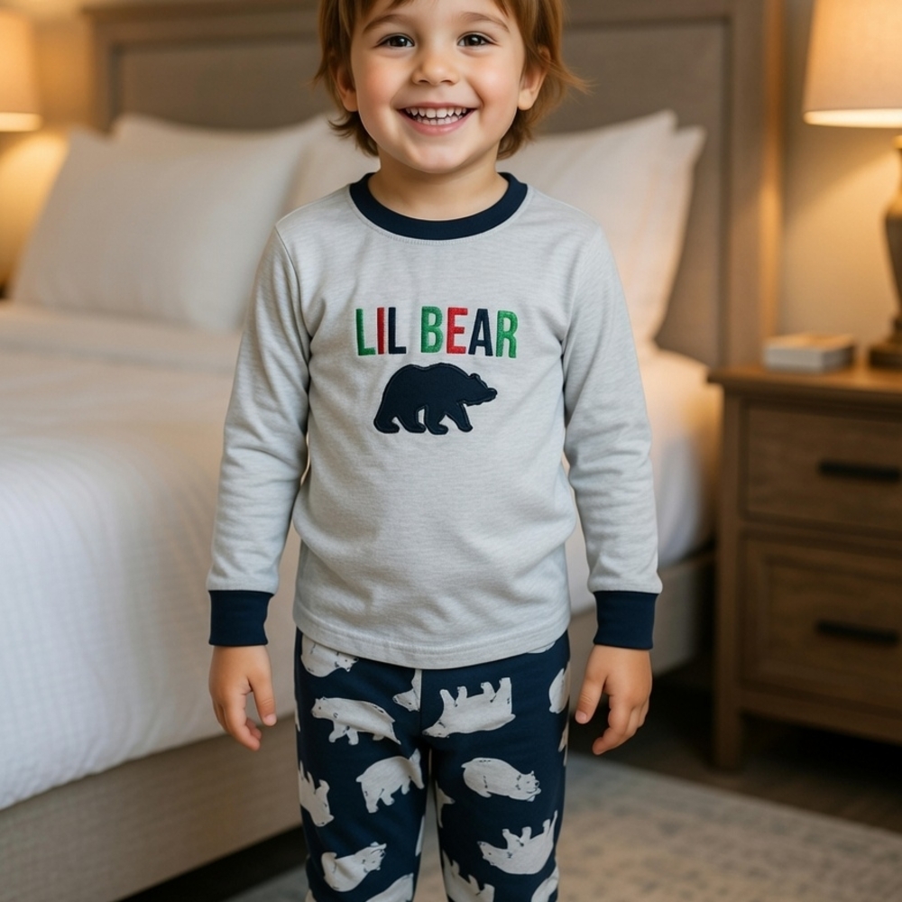 dearfoams Kids 'Lil Bear' Pajama Set - Grey, Navy, Green, Red Bin 02